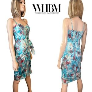 WHBM Breezy Cotton Faux Wrap Dress Ruch Lined Shirred Sexy Pleated Waist Detail